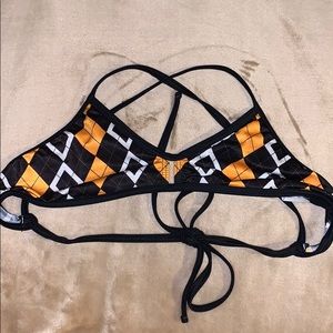 Yellow, white, and black checkered bikini top